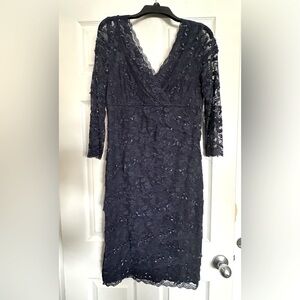 Navy blue women’s formal cocktail dress, sequins with lace, lightly worn